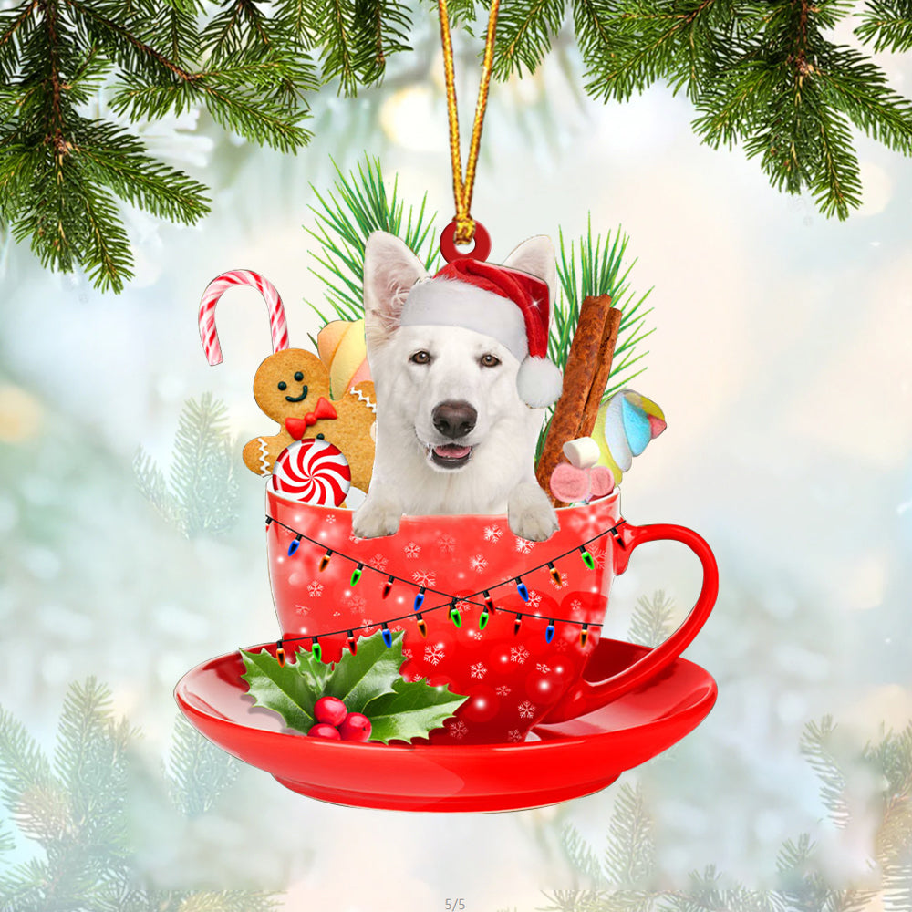 WHITE German Shepherd In Cup Merry Christmas Ornament Flat Acrylic Dog Ornament