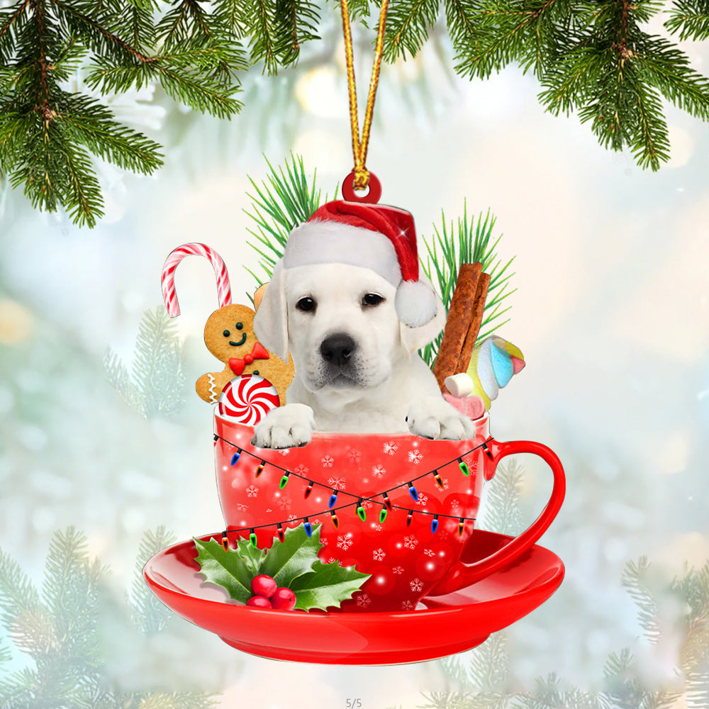 WHITE Labrador In Cup Merry Christmas Ornament Flat Acrylic Dog Ornament