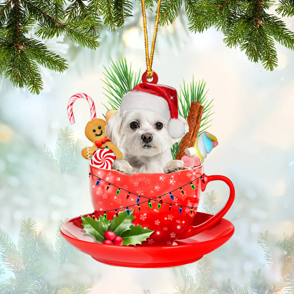 WHITE Maltese In Cup Merry Christmas Ornament Flat Acrylic Dog Ornament