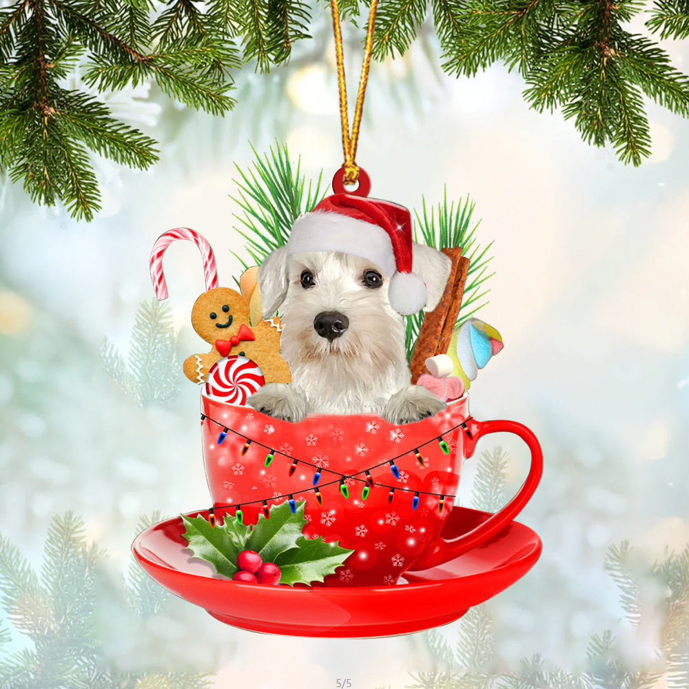 WHITE Miniature Schnauzer In Cup Merry Christmas Ornament Flat Acrylic Dog Ornament
