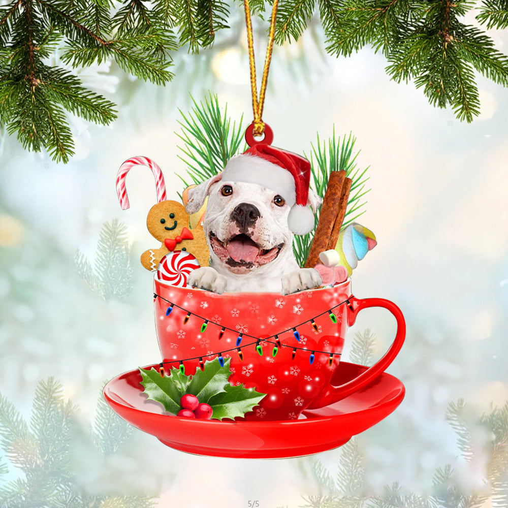 WHITE Pitbulll In Cup Merry Christmas Ornament Flat Acrylic Dog Ornament