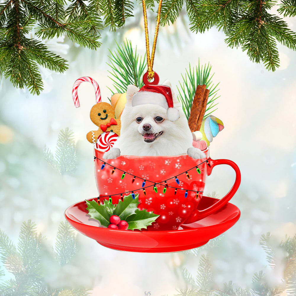 WHITE Pomeranian In Cup Merry Christmas Ornament Flat Acrylic Dog Ornament