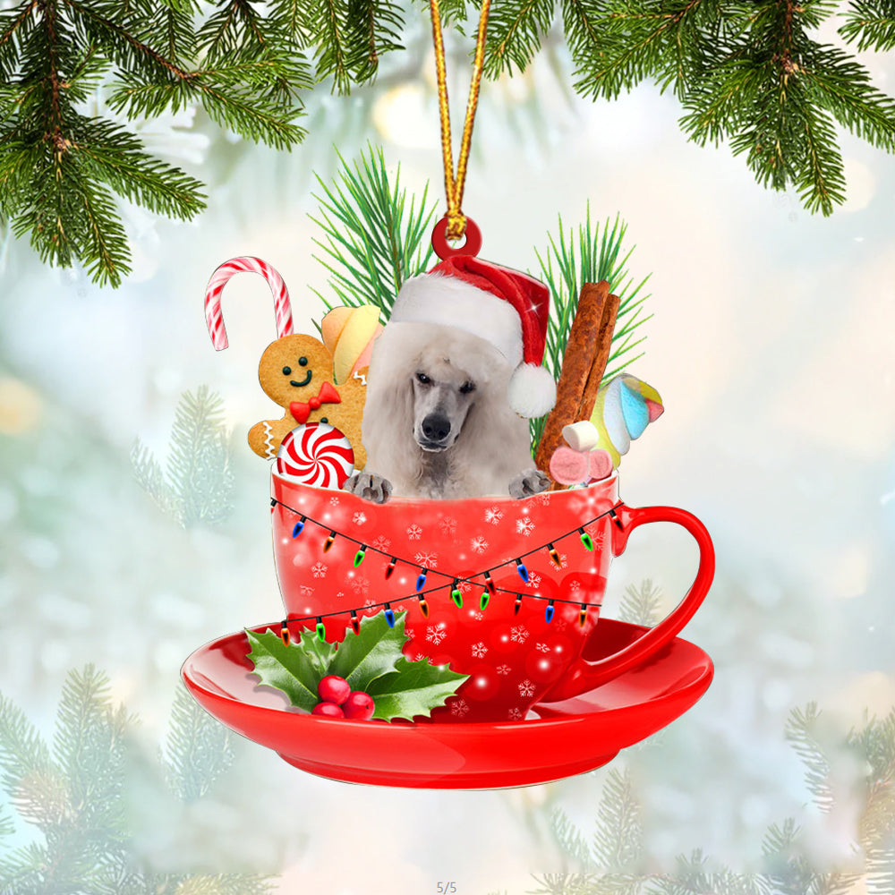 WHITE Standard Poodle In Cup Merry Christmas Ornament Flat Acrylic Dog Ornament