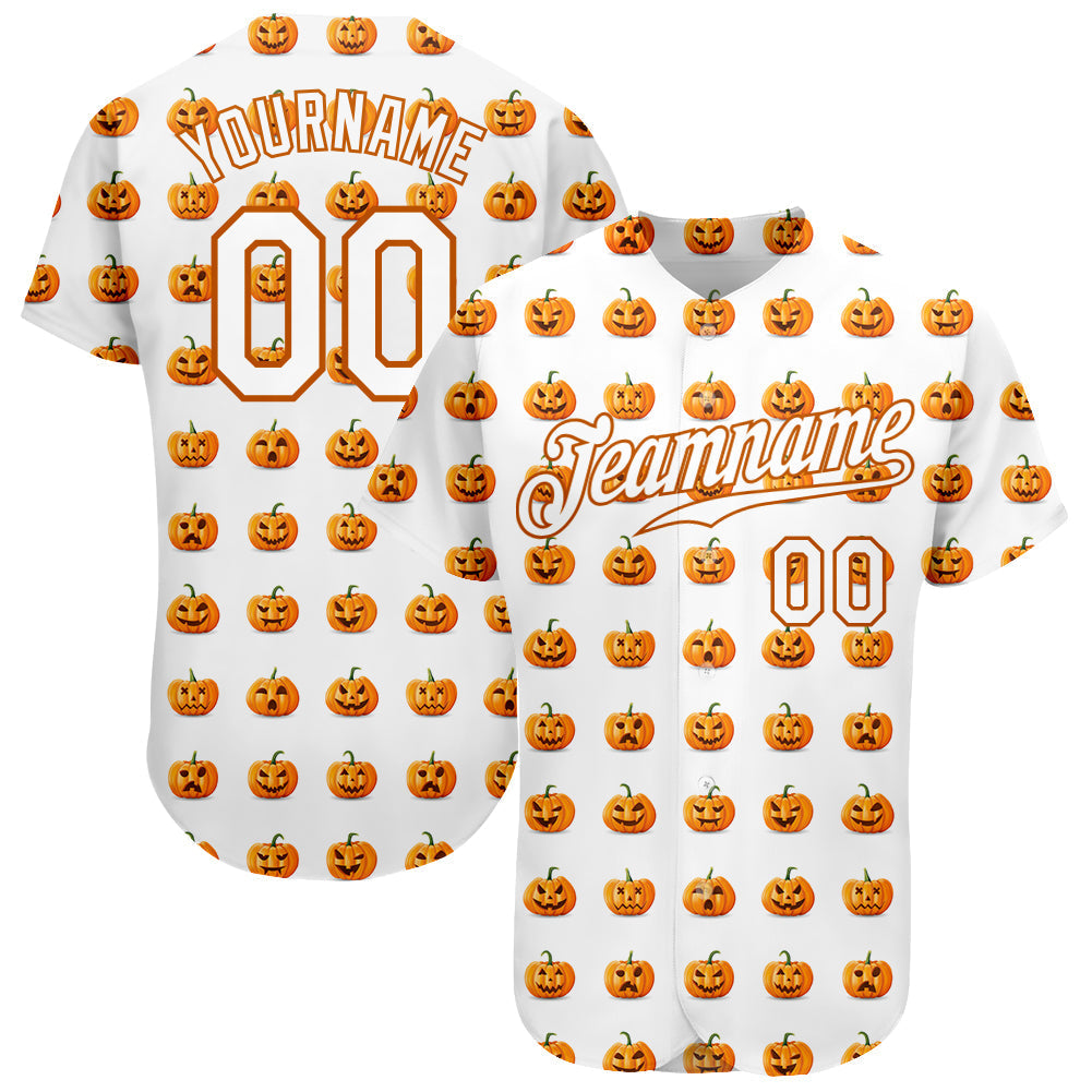 Custom White White-Texas Orange 3D Pattern Design Halloween Pumpkins Funny Faces Baseball Jersey