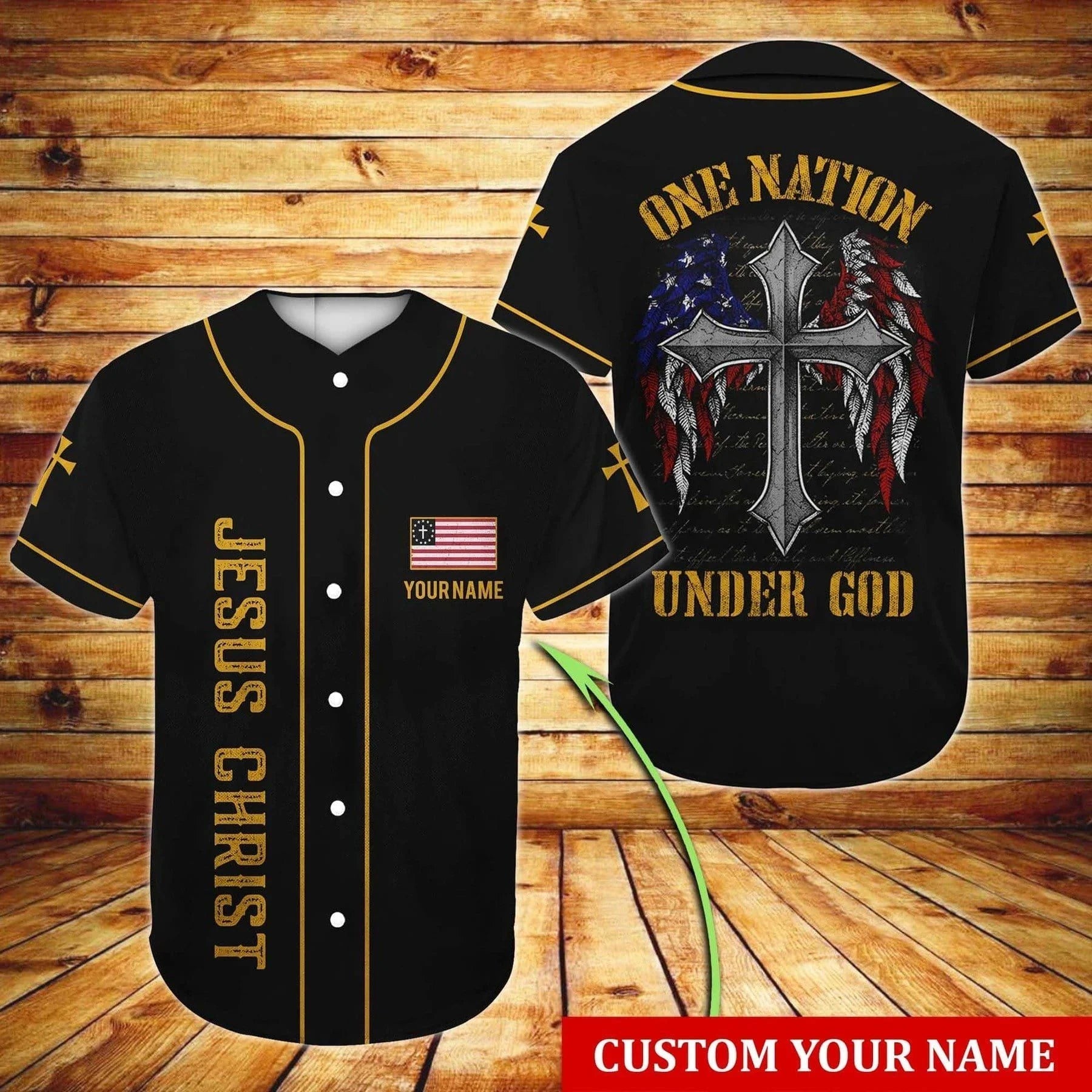 Wings/ American Flag/ Cross Baseball Jersey - One Nation Under God Custom Baseball Jersey