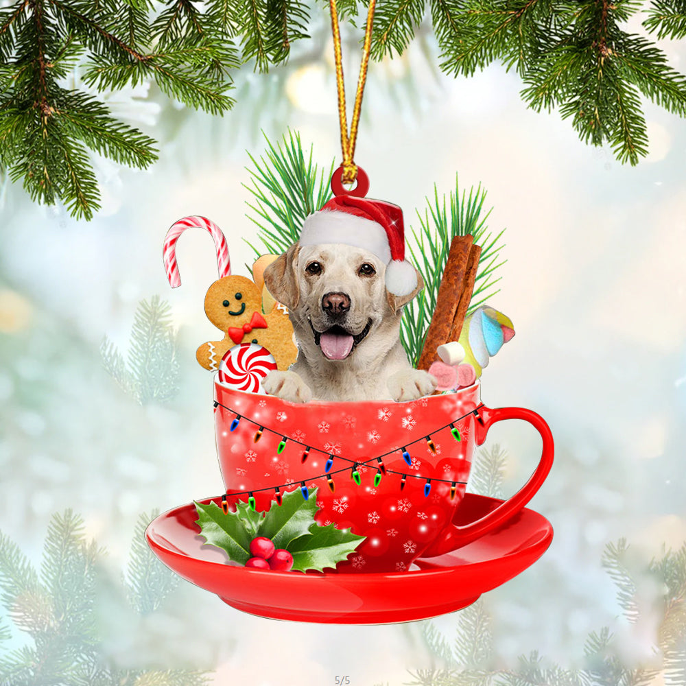 YELLOW Labrador In Cup Merry Christmas Ornament Flat Acrylic Dog Ornament