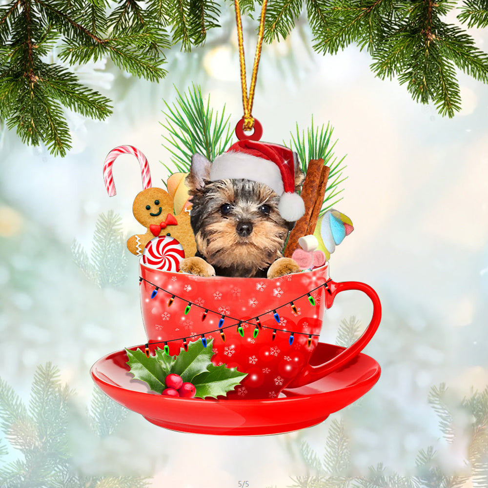 YorkShire Terrier In Cup Merry Christmas Ornament Flat Acrylic Dog Ornament