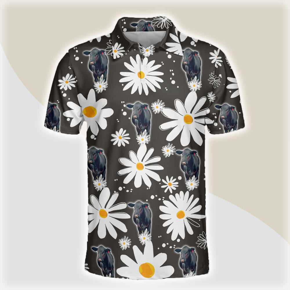 Black Angus Men Polo Shirts - Black Angus Daisy Flower Pattern Button Shirts For Men - Perfect Gift For Black Angus Lovers/ Cattle Lovers