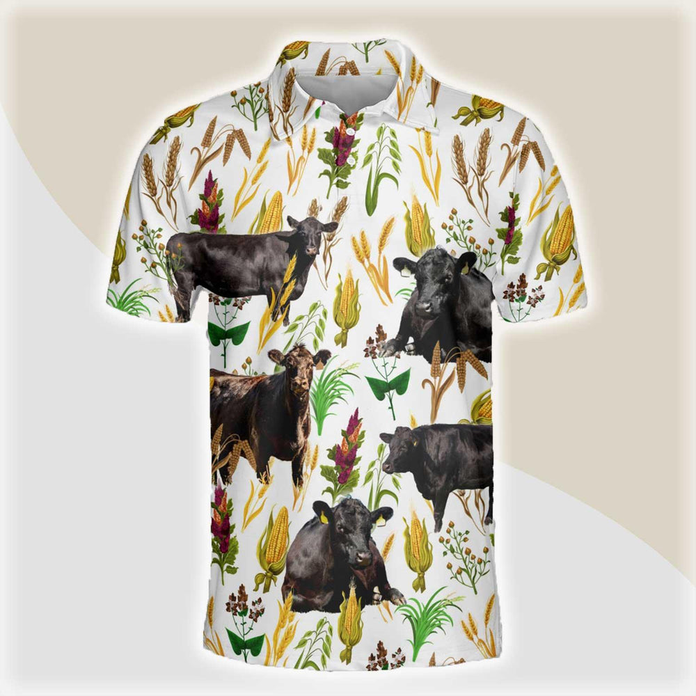 Black Angus Men Polo Shirts - Black Angus Farm Wheat Pattern Button Shirts For Men - Perfect Gift For Black Angus Lovers/ Cattle Lovers