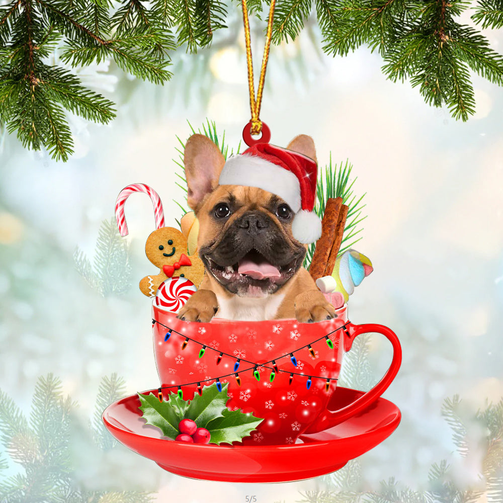 Brown French Bulldog In Cup Merry Christmas Ornament Flat Acrylic Dog Ornament