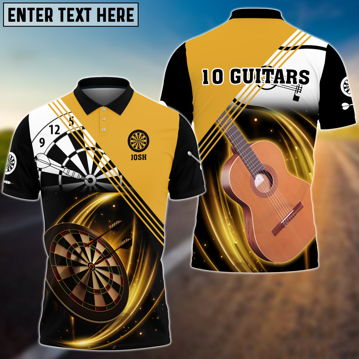 Coolspod Darts Gold Personalized Name 3D Polo Shirt For 10 Guitars/ Gift for Dart Player/ Guitar Lovers