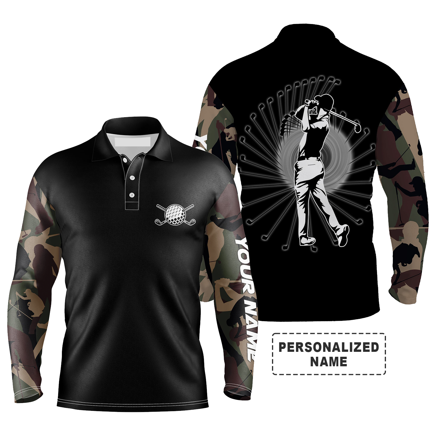 Golf Custom Name Long Sleeve Polo Shirt Camo Black Pattern/ Personalized Best Gift For Golf Lovers/ Team/ Golfer