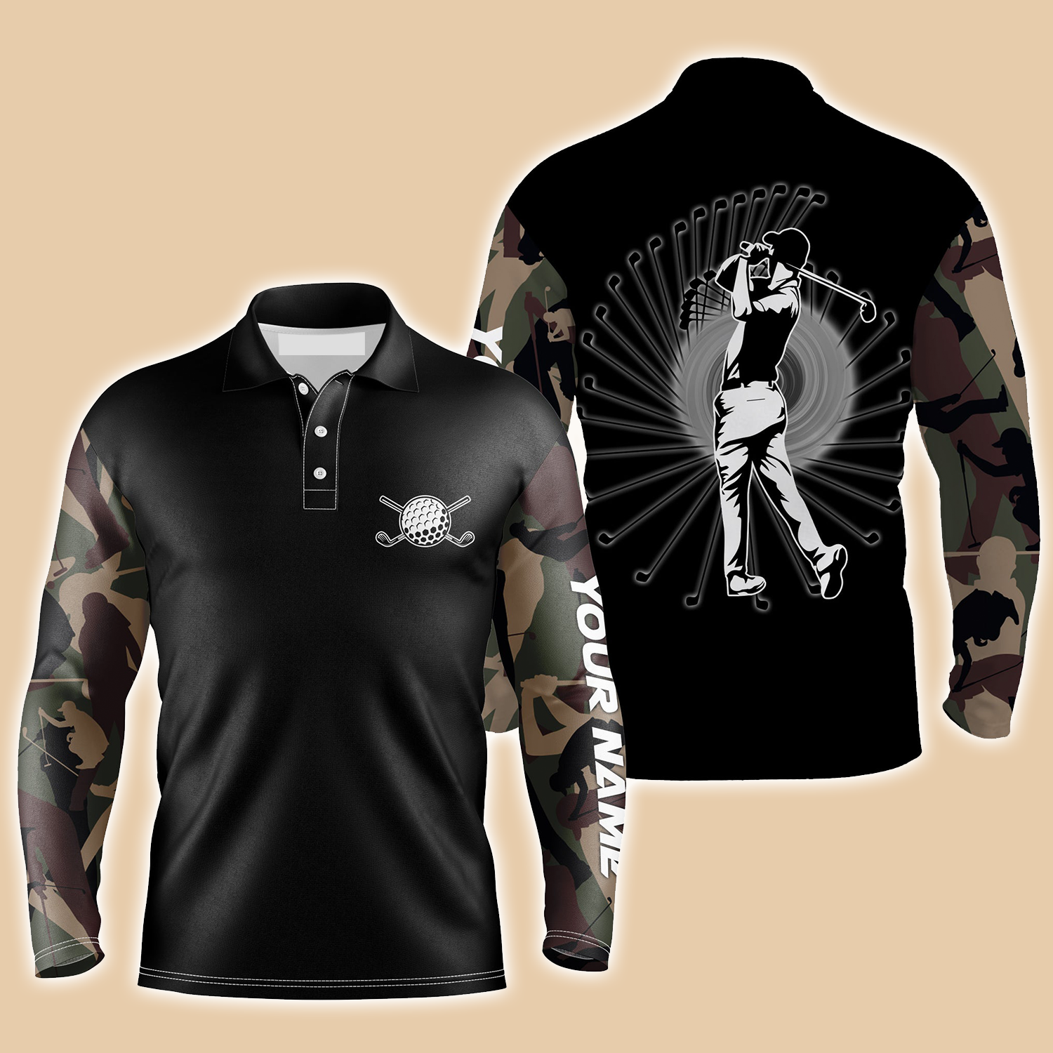 Golf Custom Name Long Sleeve Polo Shirt Camo Black Pattern/ Personalized Best Gift For Golf Lovers/ Team/ Golfer