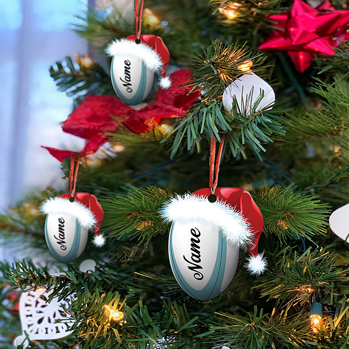 Custom Christmas Rugby Ball Hanging Ornament/ Rugby Ball Christmas Round Ornament Decor/ Christmas Gift/ Rugby Ball Xmas Ornament