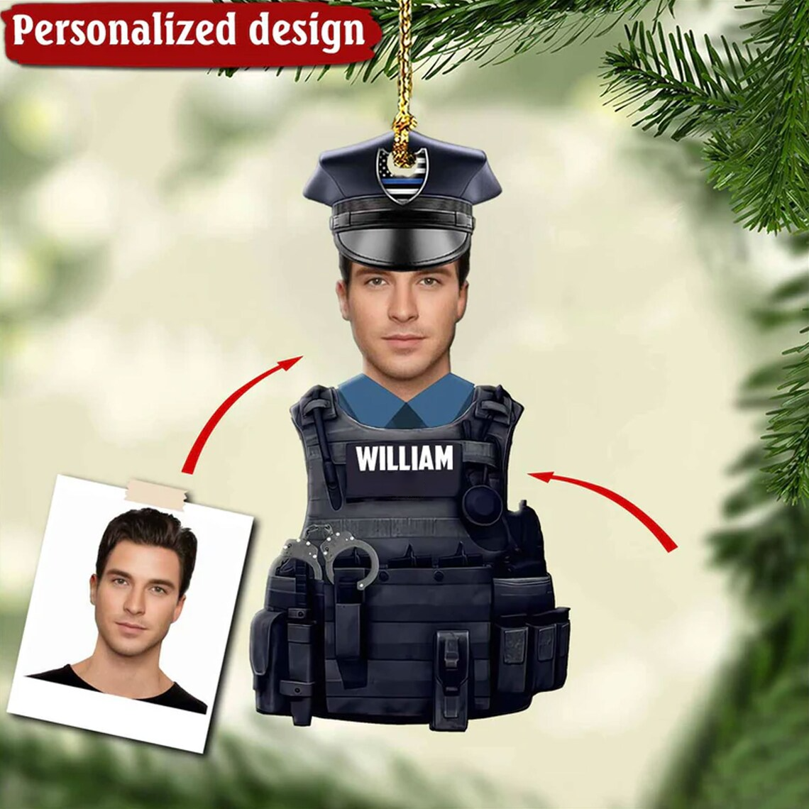 Personalized Photo Police Ornament/ Christmas Police Caricature Ornament/ Gift For Police Dad/ Shape 2-sided Print Acrylic Ornament