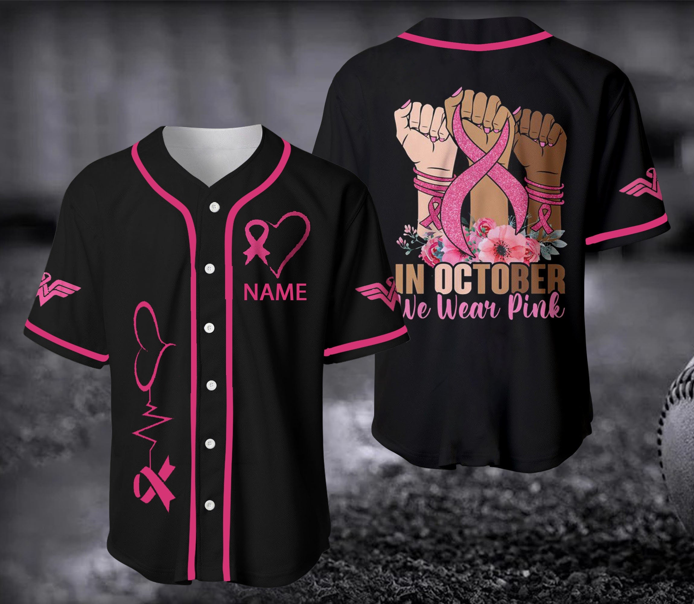 Personalized Hand In October We Wear Pink Breast Cancer Baseball Jersey