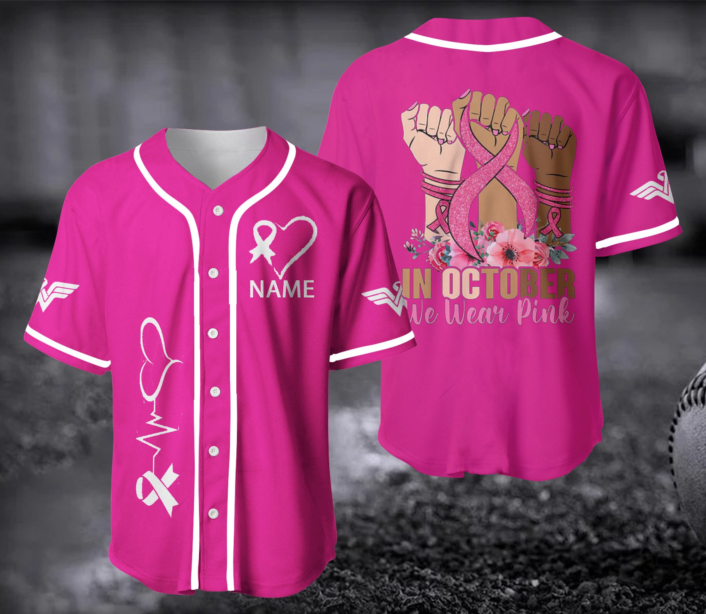Personalized Hand In October We Wear Pink Breast Cancer Baseball Jersey