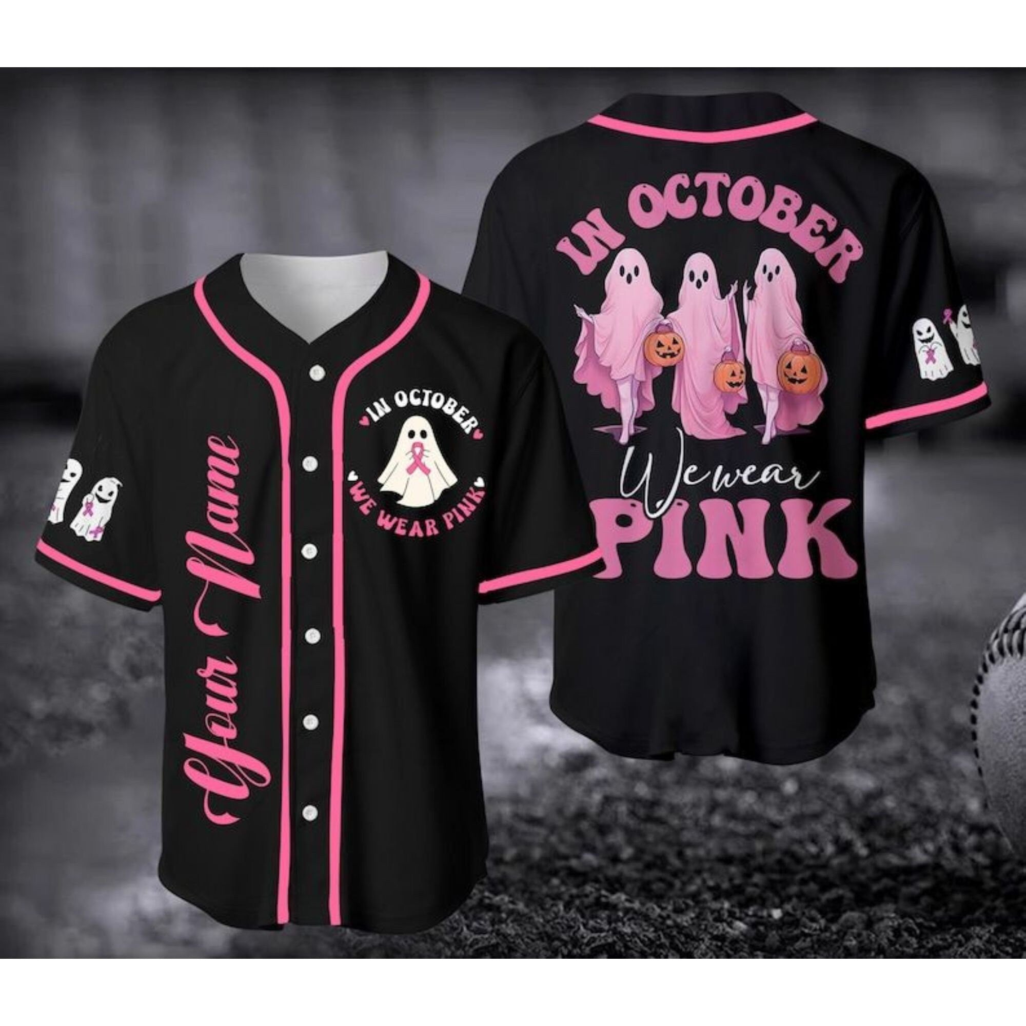 In October We Wear Pink Baseball Jersey/ Personalized Name Breast Cancer Awareness Shirt