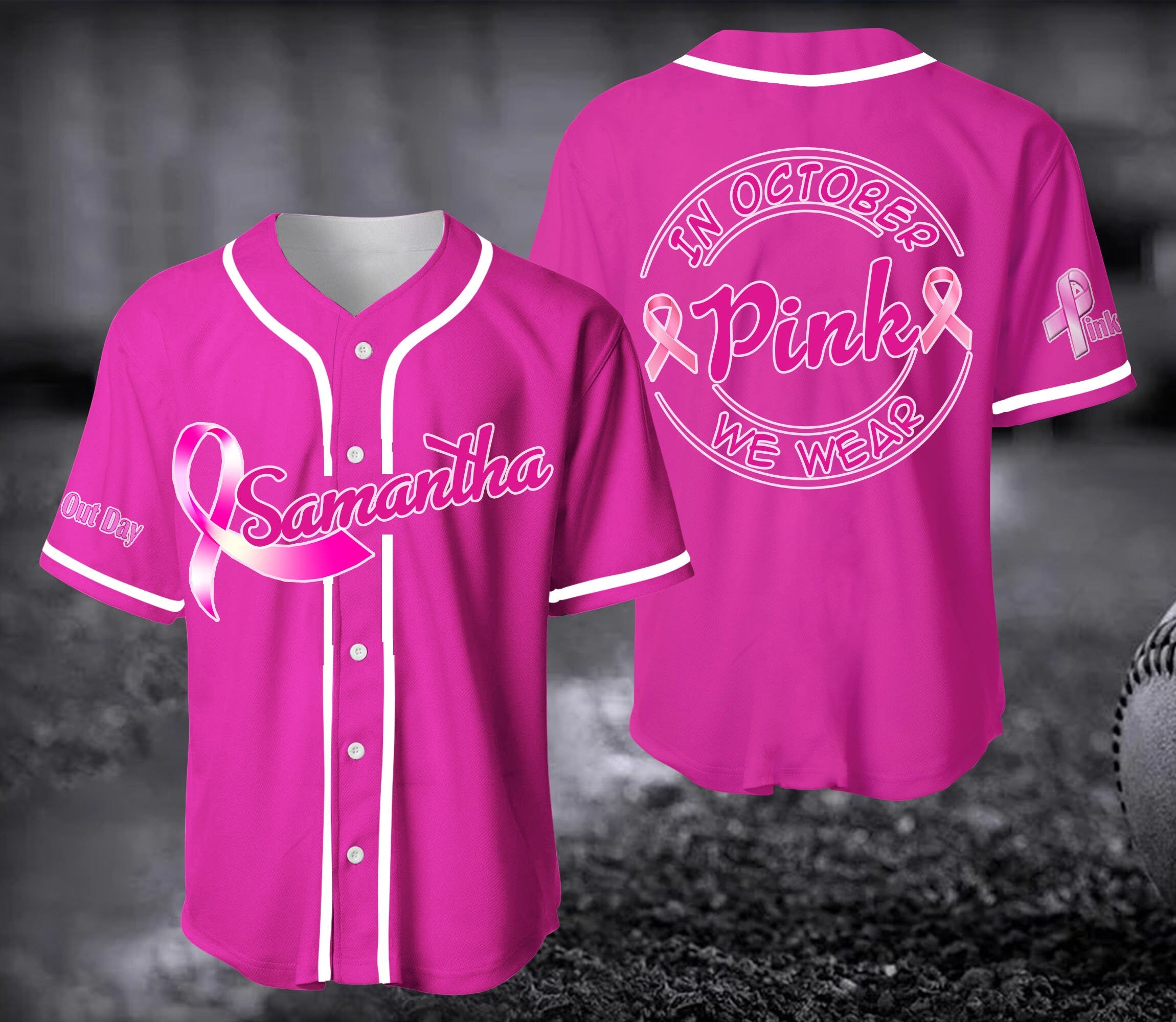 Personalized Breast Cancer Unisex Jersey Shirt/ Gift For Her Him/ Christmas Gift/ Custom In October We Wear Pink Baseball Jersey