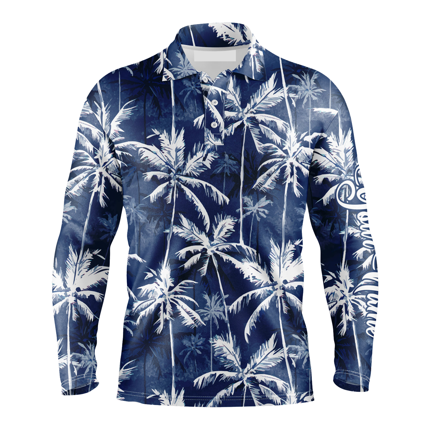 Tropical Background Long Sleeve Polo Shirt Customized Name Blue Watercolor Palms Men Apparel/ Best Golf Outfit For Men