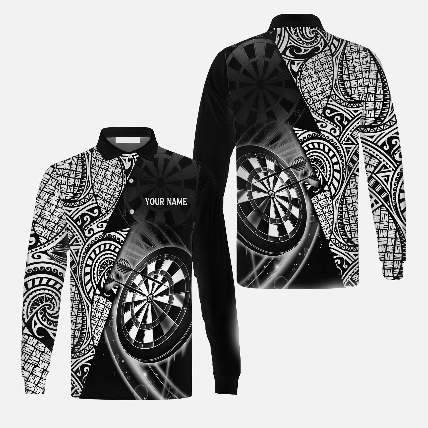 Customized Darts Men''s Long Sleeve Polo Shirt/ Black & White Tattoo Darts/ Gift for Dart Lovers