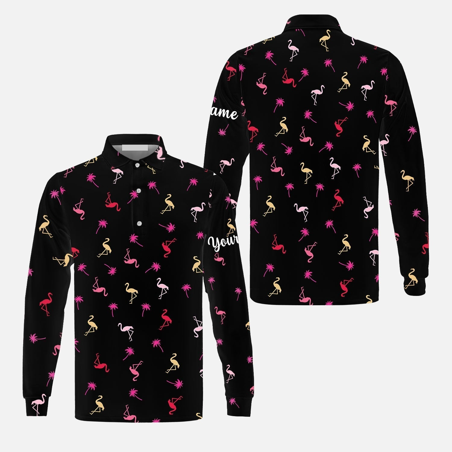 Custom Name Neon Pink Flamingos Palm Pattern Apparel Long Sleeve Shirt/ Idea Gift For Golf Lover