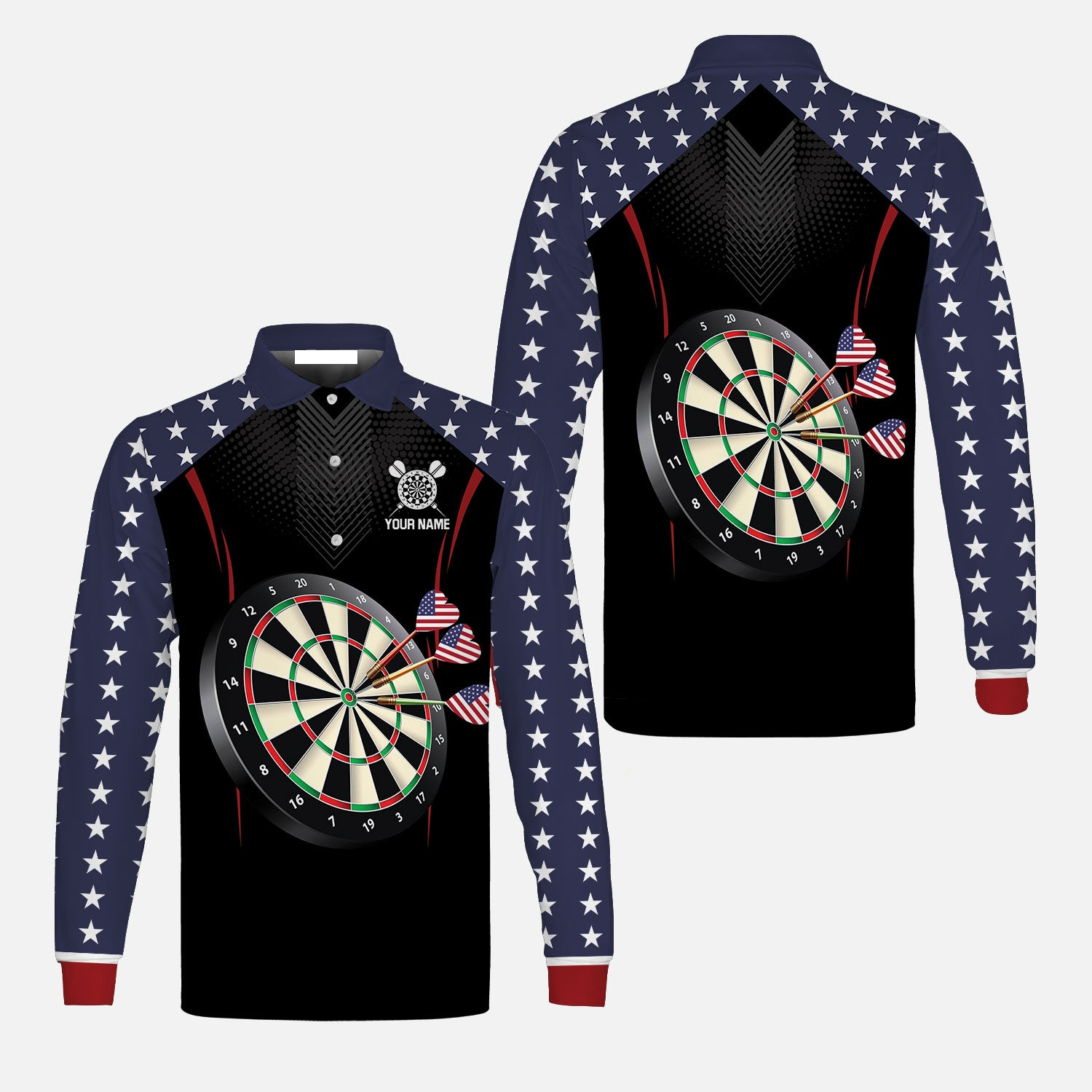 Personalised Darts Long Sleeve Polo Shirts/ Darts American Flag Black Background Custom Name Polo Shirts