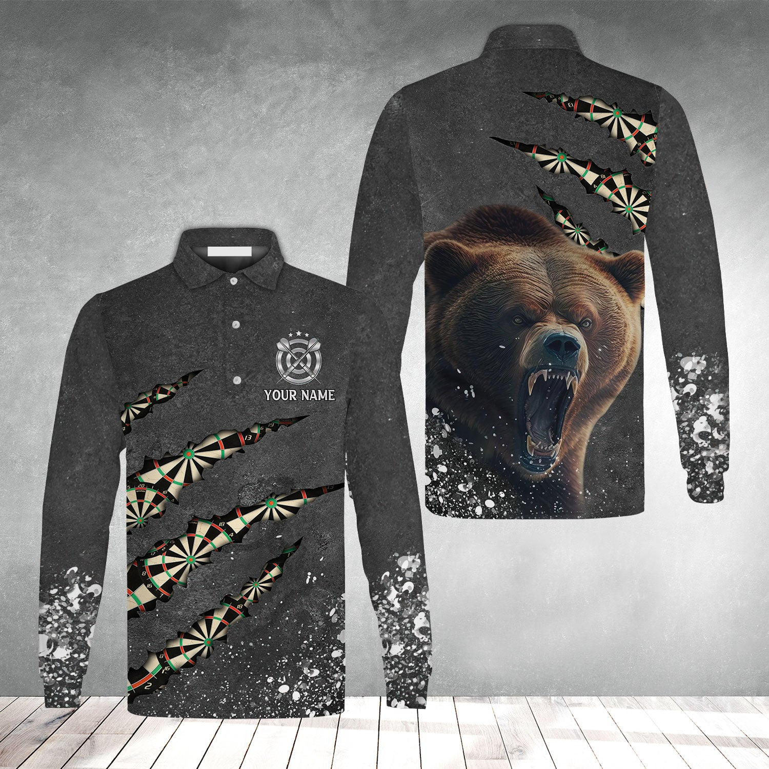 Darts Paints Splash/ Personalized Name Bear Men''s Long Sleeve Polo Shirt - Perfect Gift For Darts Lovers/ Darts Players