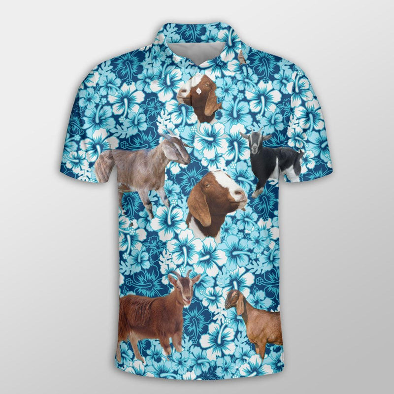 Nubian Goat Men Polo Shirts For Summer - Nubian Goat Blue Hibiscus Pattern Button Shirts For Men - Perfect Gift For Nubian Goat Lovers/ Cattle Lovers