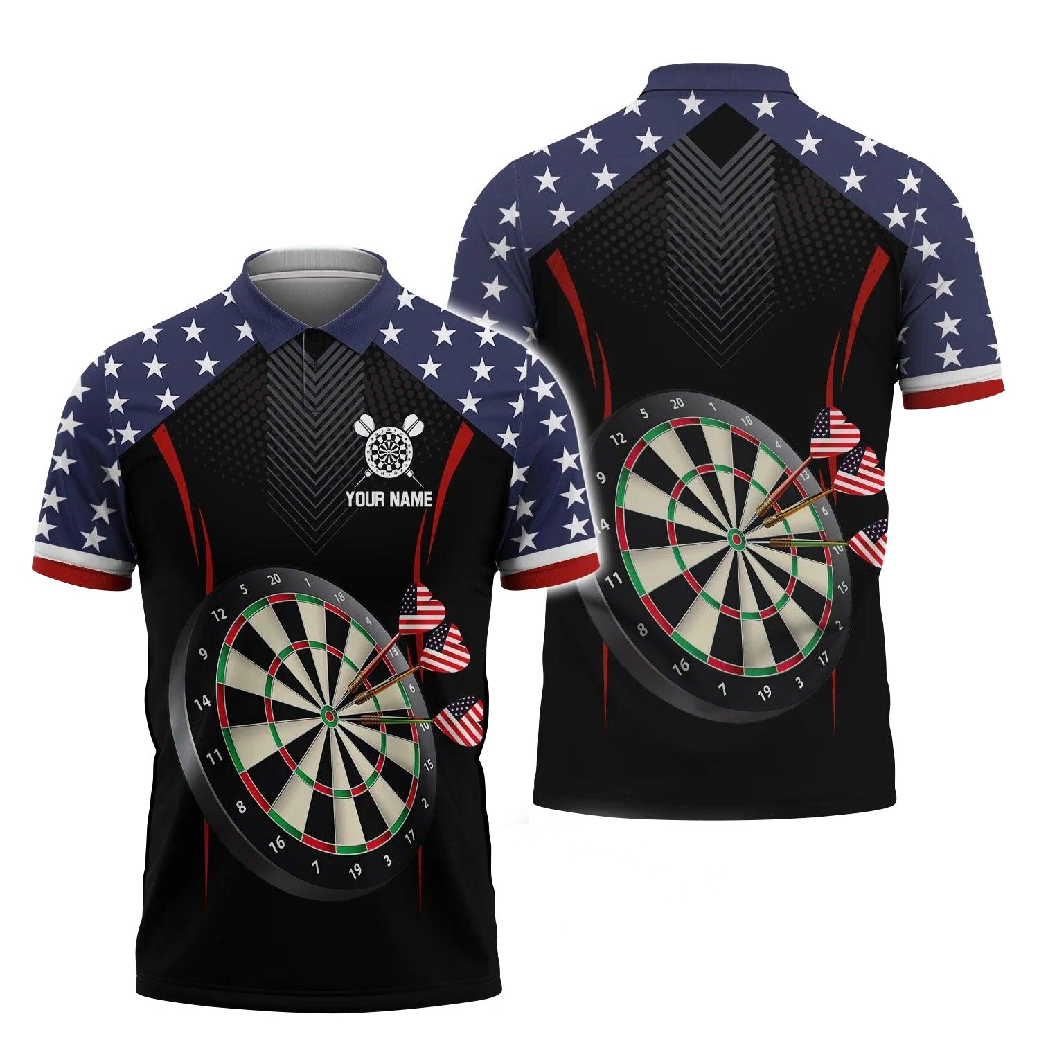 Personalised Darts Long Sleeve Polo Shirts/ Darts American Flag Black Background Custom Name Polo Shirts