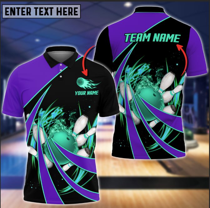 Flame Bowling And Pins Tornado Pattern Multicolor Option Customized Name 3D Polo Shirt