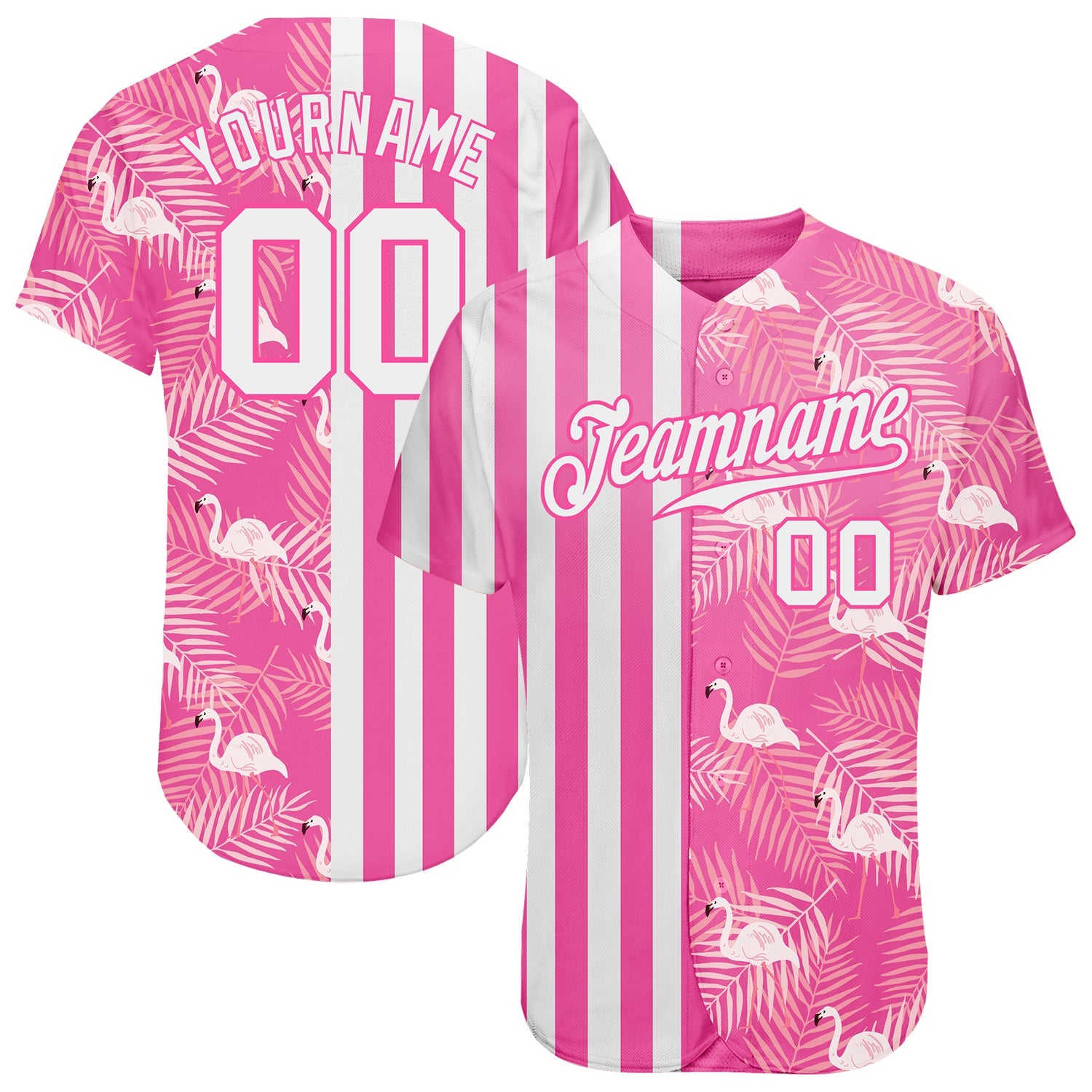 Custom Pink White 3D Pattern Design Tropical Palm Leaves And Flamingo Authentic Baseball Jersey