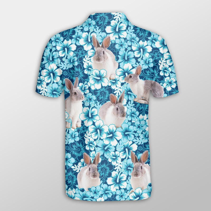 Rabbit Men Polo Shirts For Summer - Rabbit Blue Hibiscus Pattern Button Shirts For Men - Perfect Gift For Rabbit Lovers/ Cattle Lovers