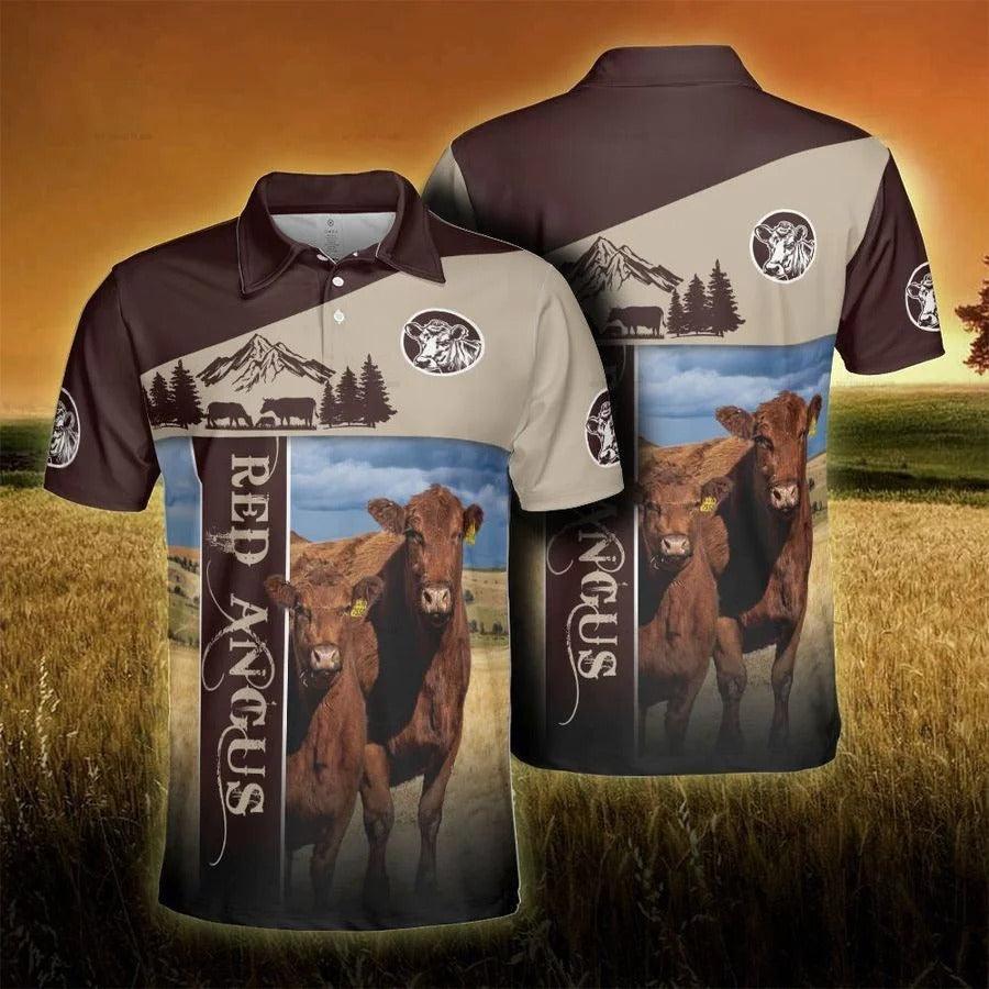 Red Angus Men Polo Shirts For Summer - Red Angus Proud Farmer Polo Shirts For Men - Perfect Gift For Red Angus Lovers/ Cattle Lovers
