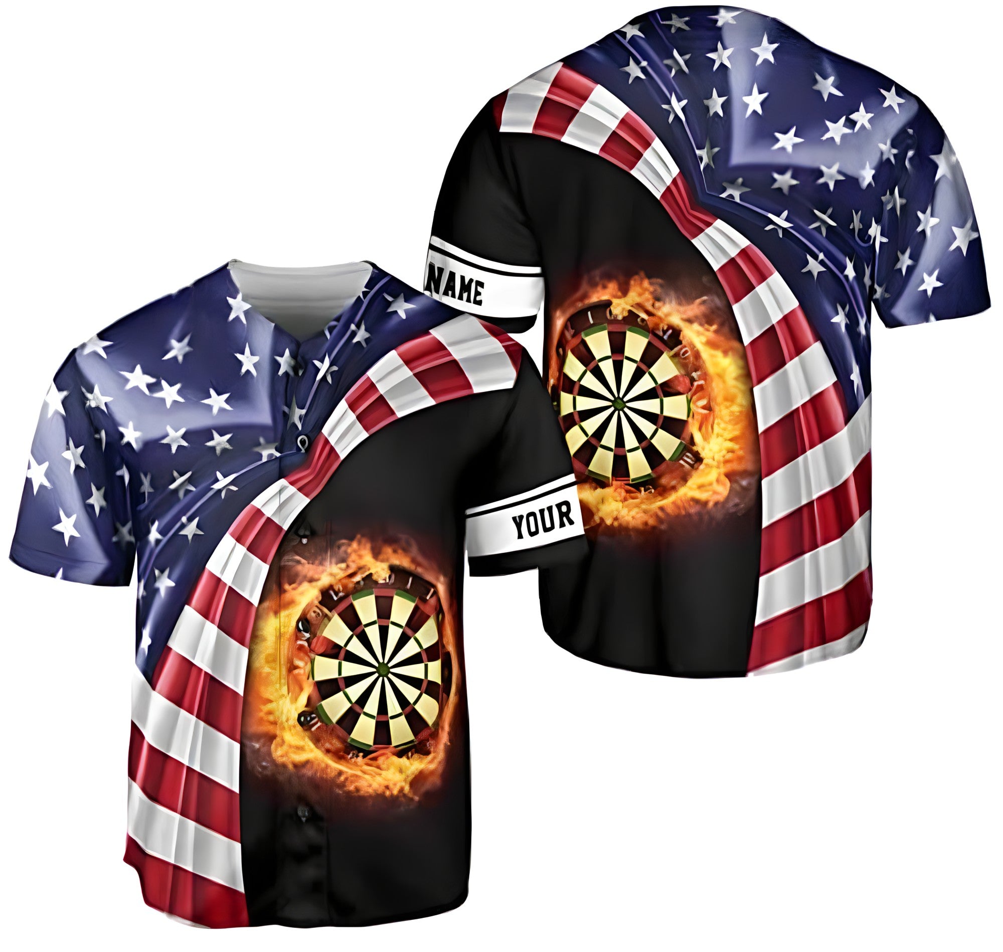 Personalized Dartboard Fire USA Flag Baseball Jersey/ Flag 3D Shirt/ Dart Baseball Jersey for Her Him