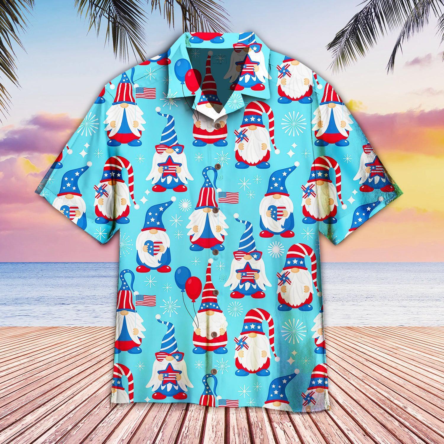 4th Of July Cute Patriotic Usa Gnomes Hawaiian Shirt For Men/ Gnomes Hawaii Beach Shirt