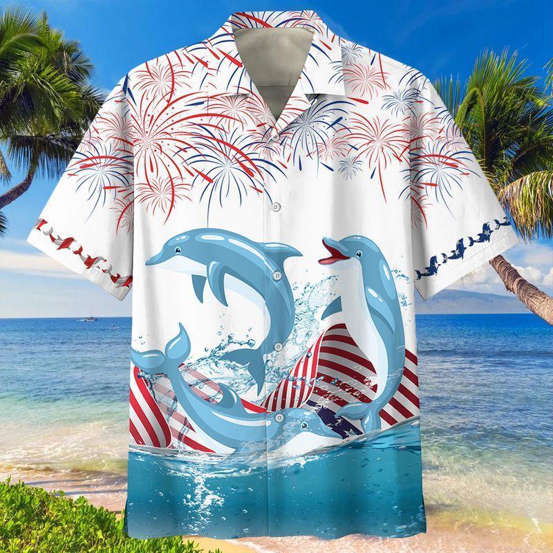 4th Of July Dolphin Independence Hawaiian Shirt Beachwear For Men