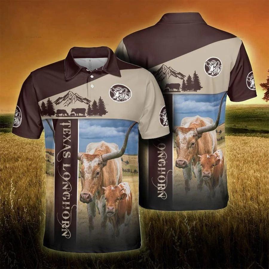 Texas Longhorn Men Polo Shirts - Texas Longhorn Proud Farmer Polo Shirts For Men - Perfect Gift For Texas Longhorn Lovers/ Cattle Lovers/ Farmers