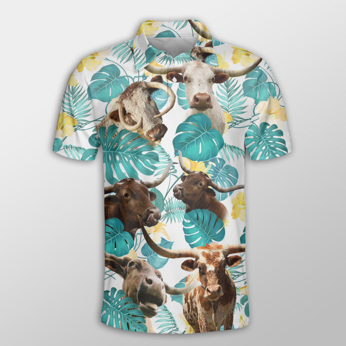 Texas Longhorn In Tropical Leaves Pattern Button Polo Shirt