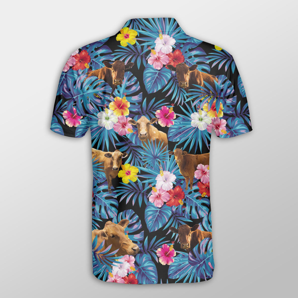 Beefmaster Tropical Flowers Leaves Pattern Button Polo Shirt/ Cow Polo Shirt/ Gift for Farmers