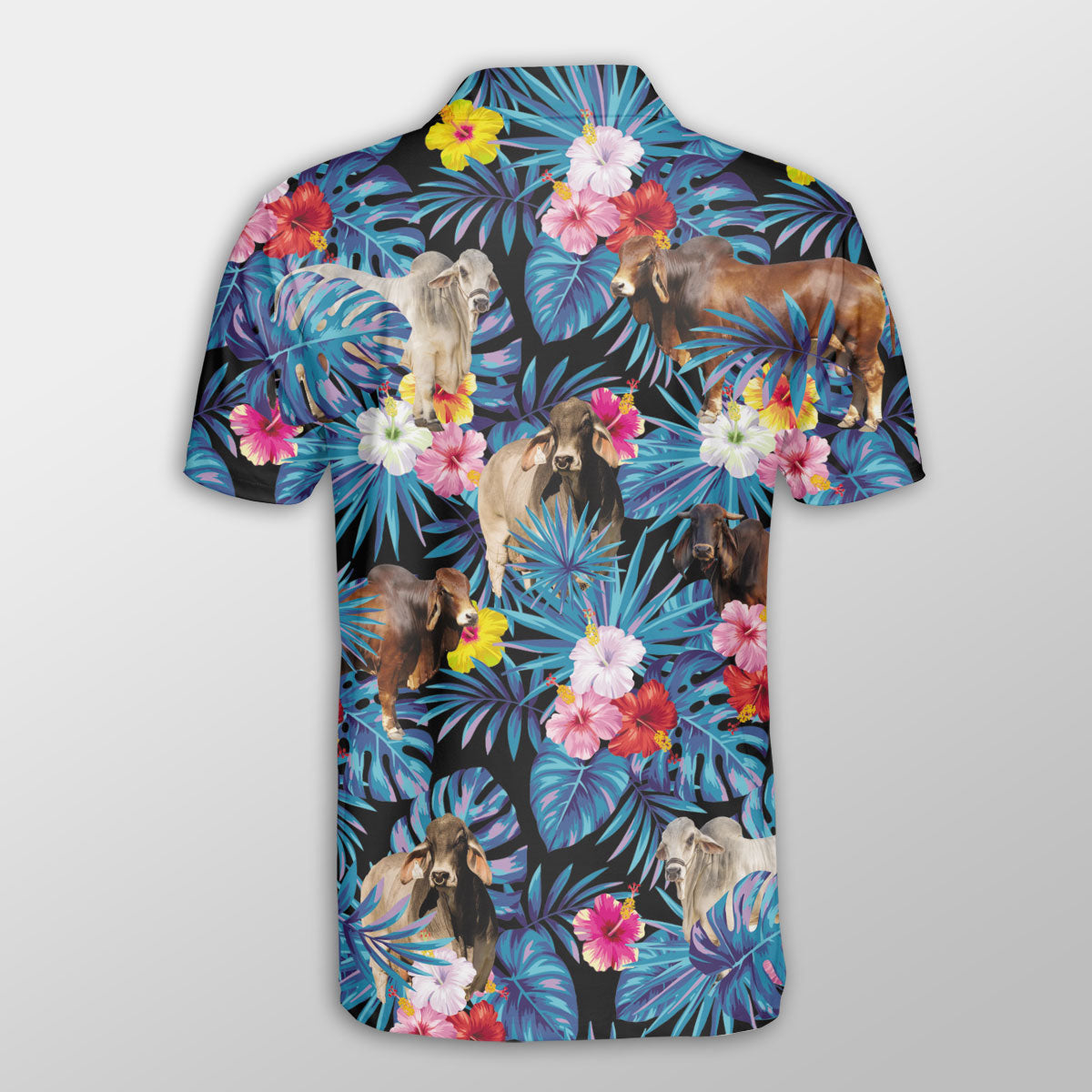 Brahman Tropical Flowers Leaves Pattern Button Polo Shirt/ Cow Polo Shirt/ Gift for Farmers