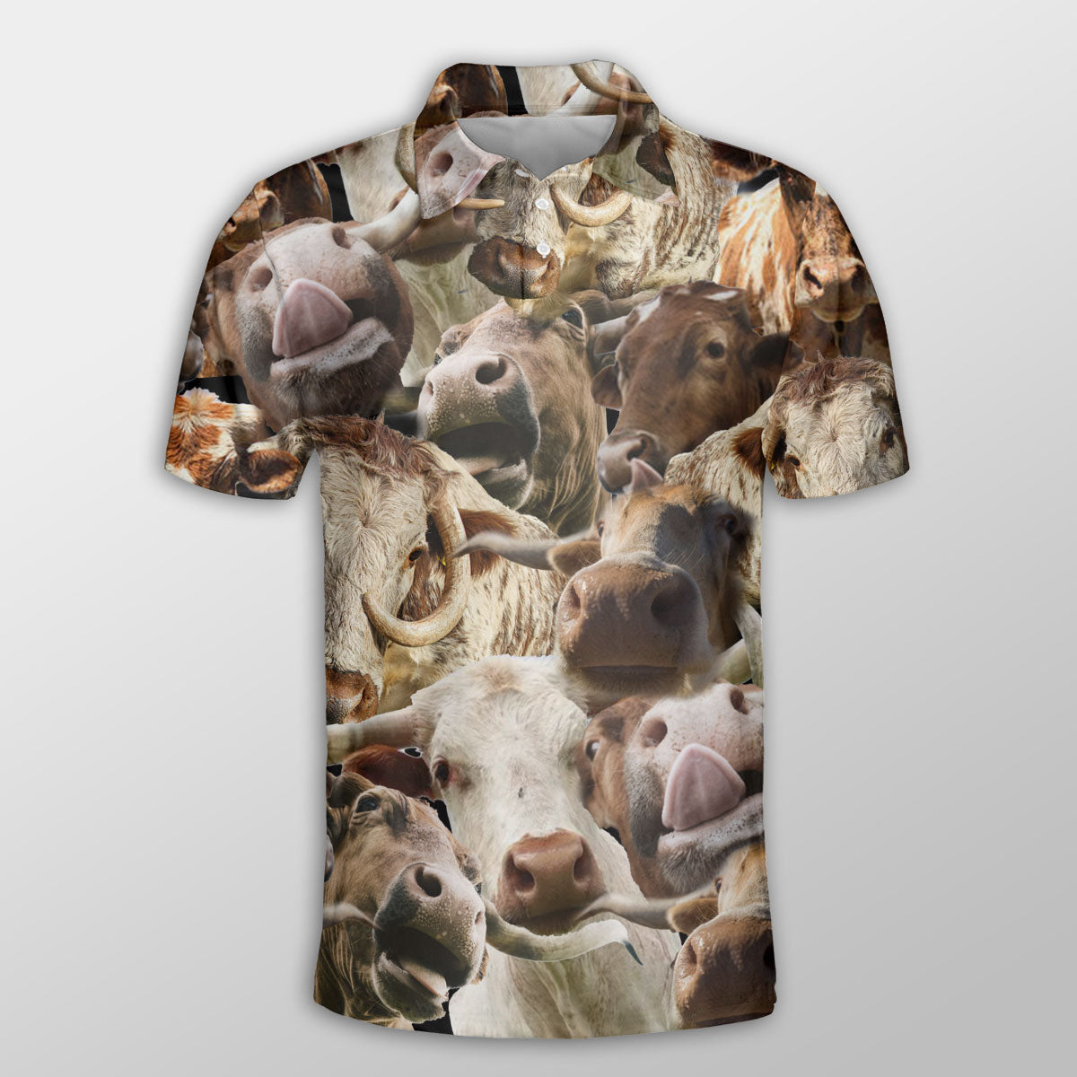 Texas Longhorn Herd Pattern Button Polo Shirt/ Gift for Farmers