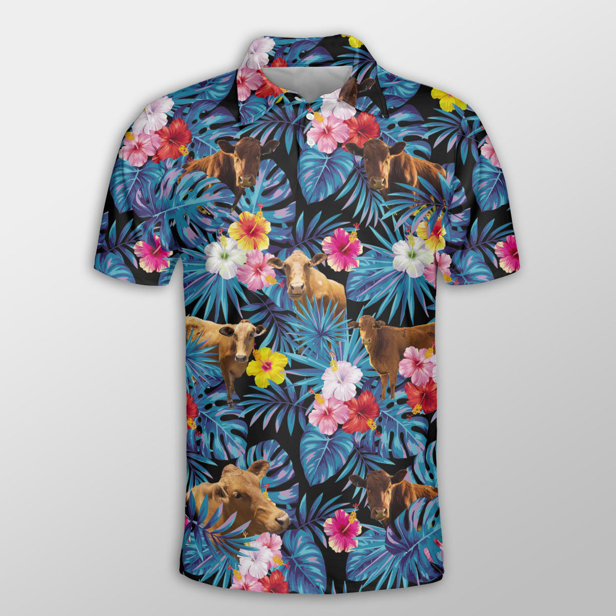 Beefmaster Tropical Flowers Leaves Pattern Button Polo Shirt/ Cow Polo Shirt/ Gift for Farmers
