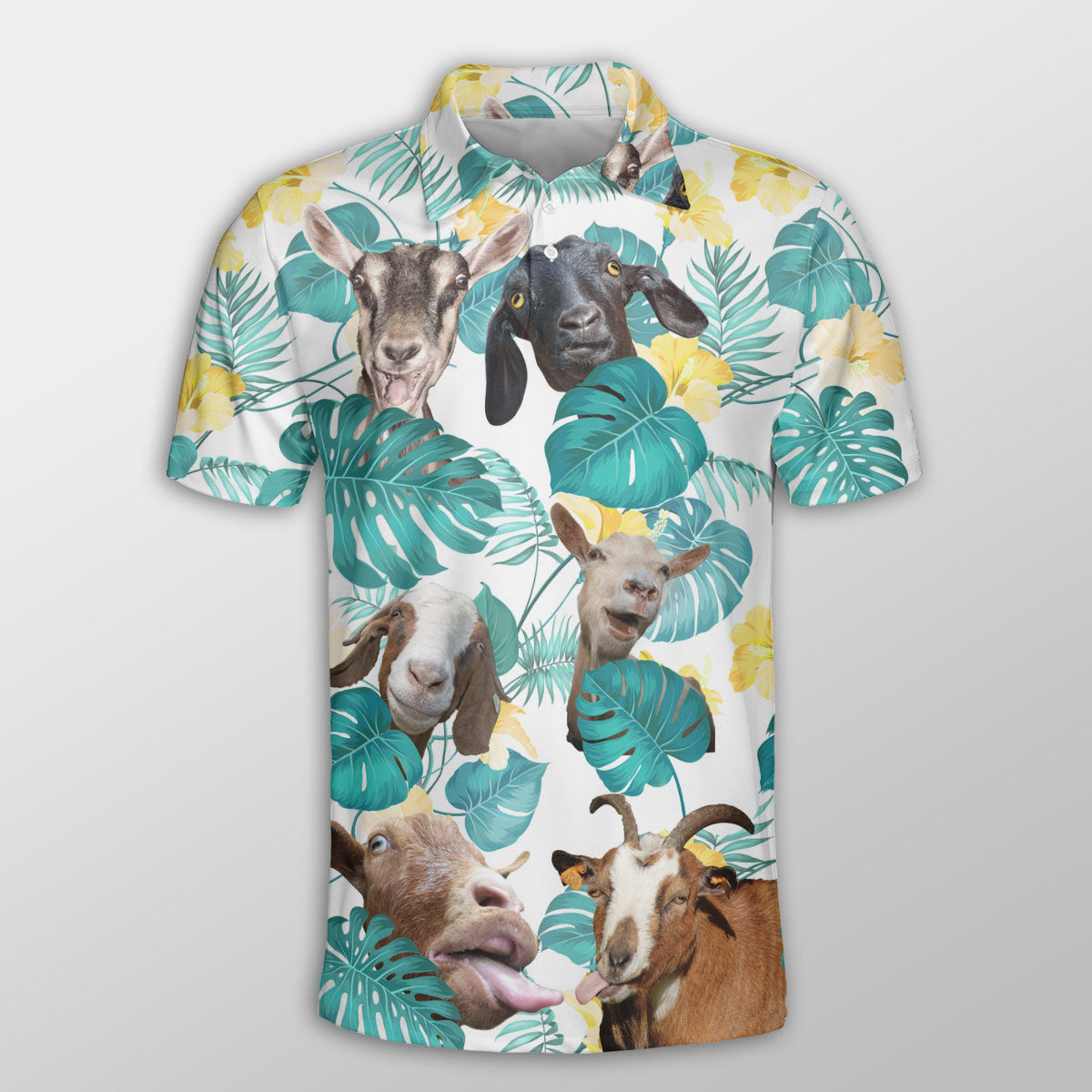 Goat In Tropical Leaves Pattern Button Polo Shirt/ Farm 3D Shirt/ Gift for Farmer