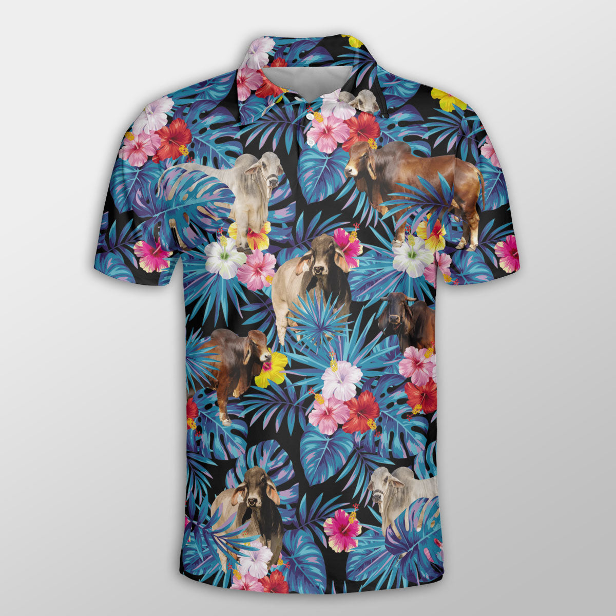 Brahman Tropical Flowers Leaves Pattern Button Polo Shirt/ Cow Polo Shirt/ Gift for Farmers