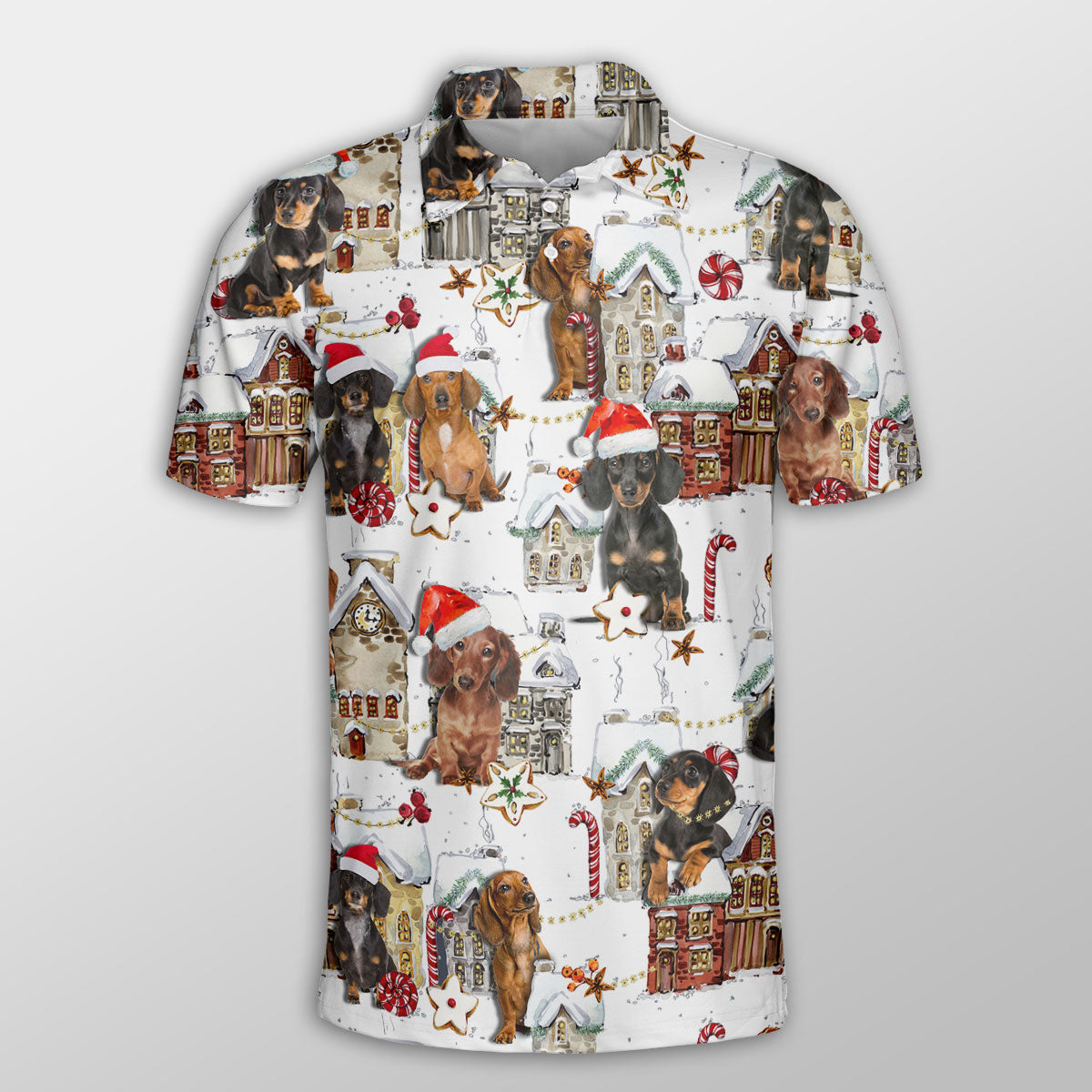 Dachshund Christmas Town Dog Button Polo Shirt