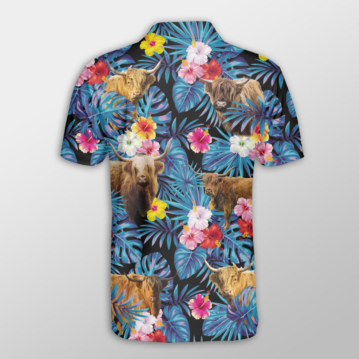 Highland Tropical Flowers Leaves Pattern Button Polo Shirt/ Cow Polo Shirt/ Gift for Farmers