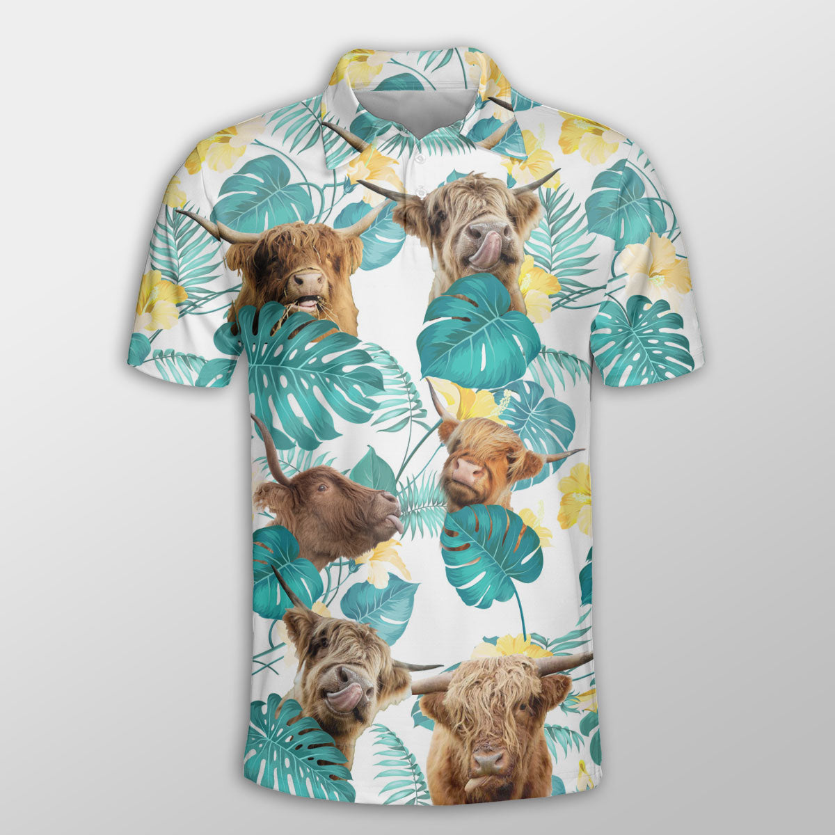 Highland In Tropical Leaves Pattern Button Polo Shirt/ Cow Farm Shirt