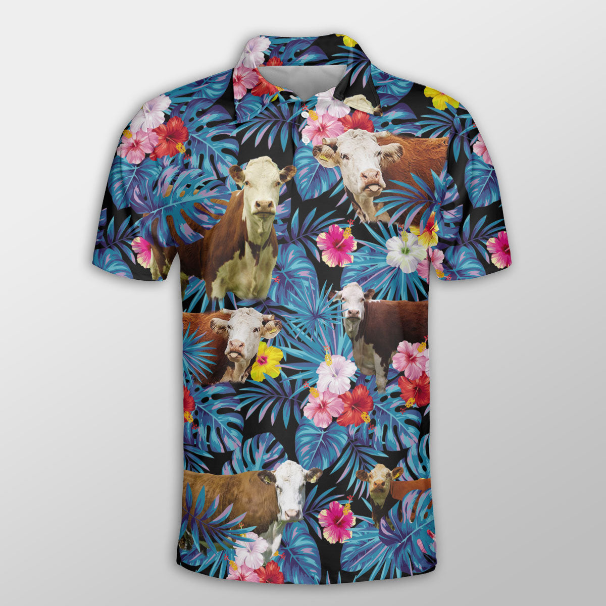 Hereford Tropical Flowers Leaves Pattern Button Polo Shirt/ Cow Polo Shirt/ Gift for Farmers