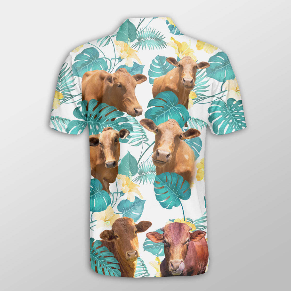 Black Angus In Tropical Leaves Pattern Button Polo Shirt/ Idea Shirt for Cow Farmer
